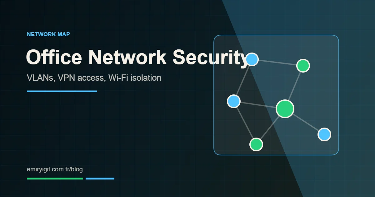 Küçük ofis ağ güvenliği için VLAN, VPN ve firewall yapısını gösteren teknik kapak görseli